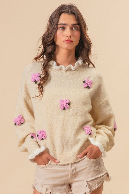 Ruffled Crochet Flower Dropped Shoulder Sweater