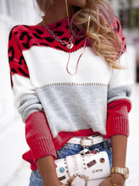 Leopard Color Block Round Neck Long Sleeve Sweater In Multi Colors