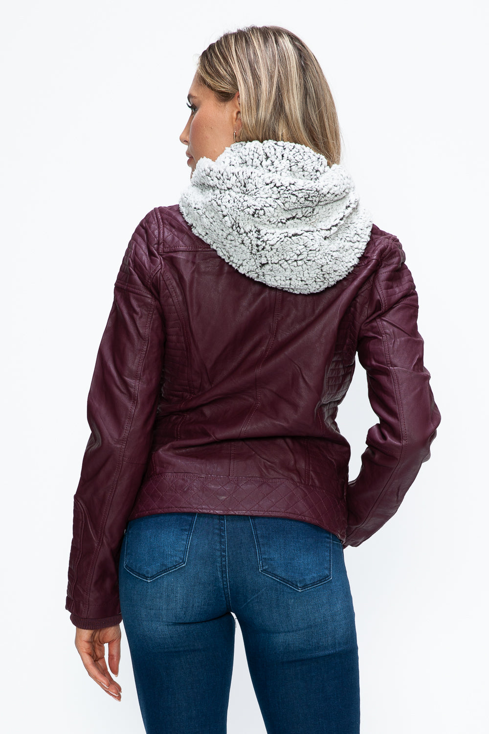 Faux Layered Double-Zipper Jacket with Fuzzy Hood In Wine