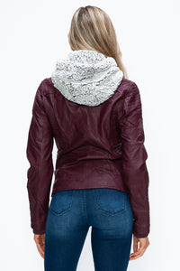 Faux Layered Double-Zipper Jacket with Fuzzy Hood In Wine