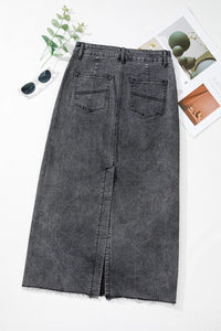 Hayden Raw Hem Midi Denim Skirt with Pockets