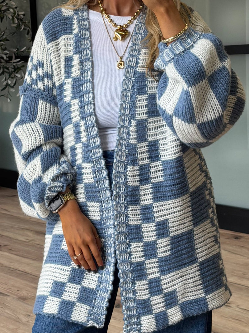 Checkered Open Front Long Sleeve Cardigan In Multi Colors