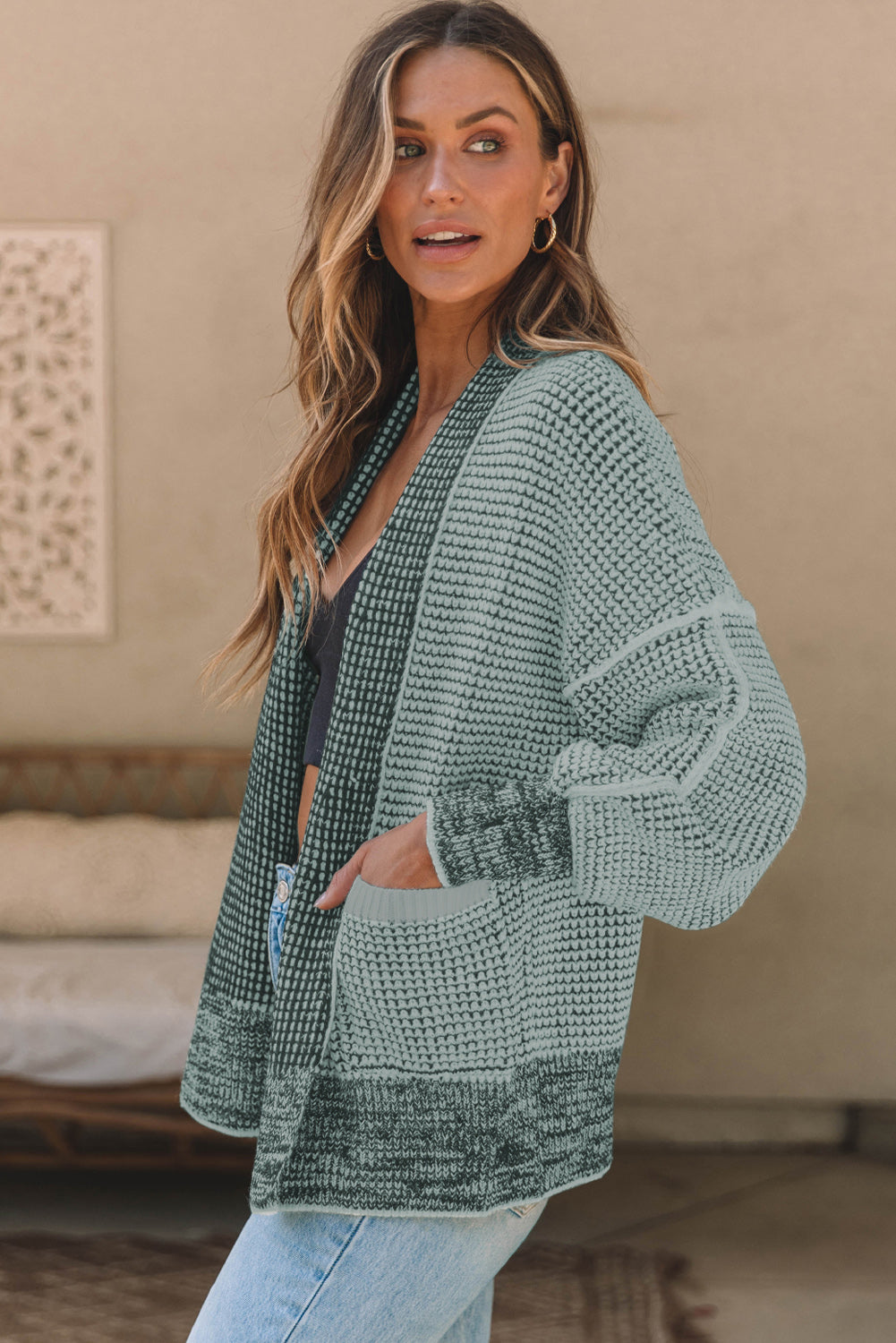 Waffle-knit Pocketed Open Front Cardigan In Multi Colors