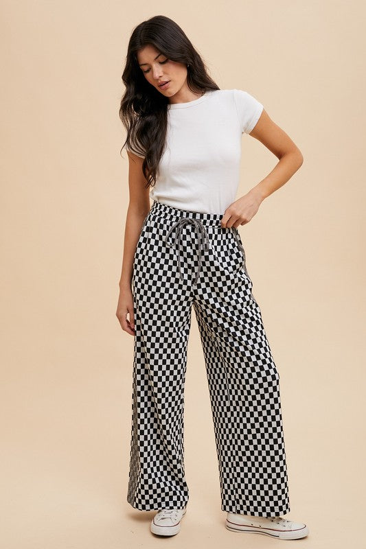 Drawstring Checkered Wide Leg Pants