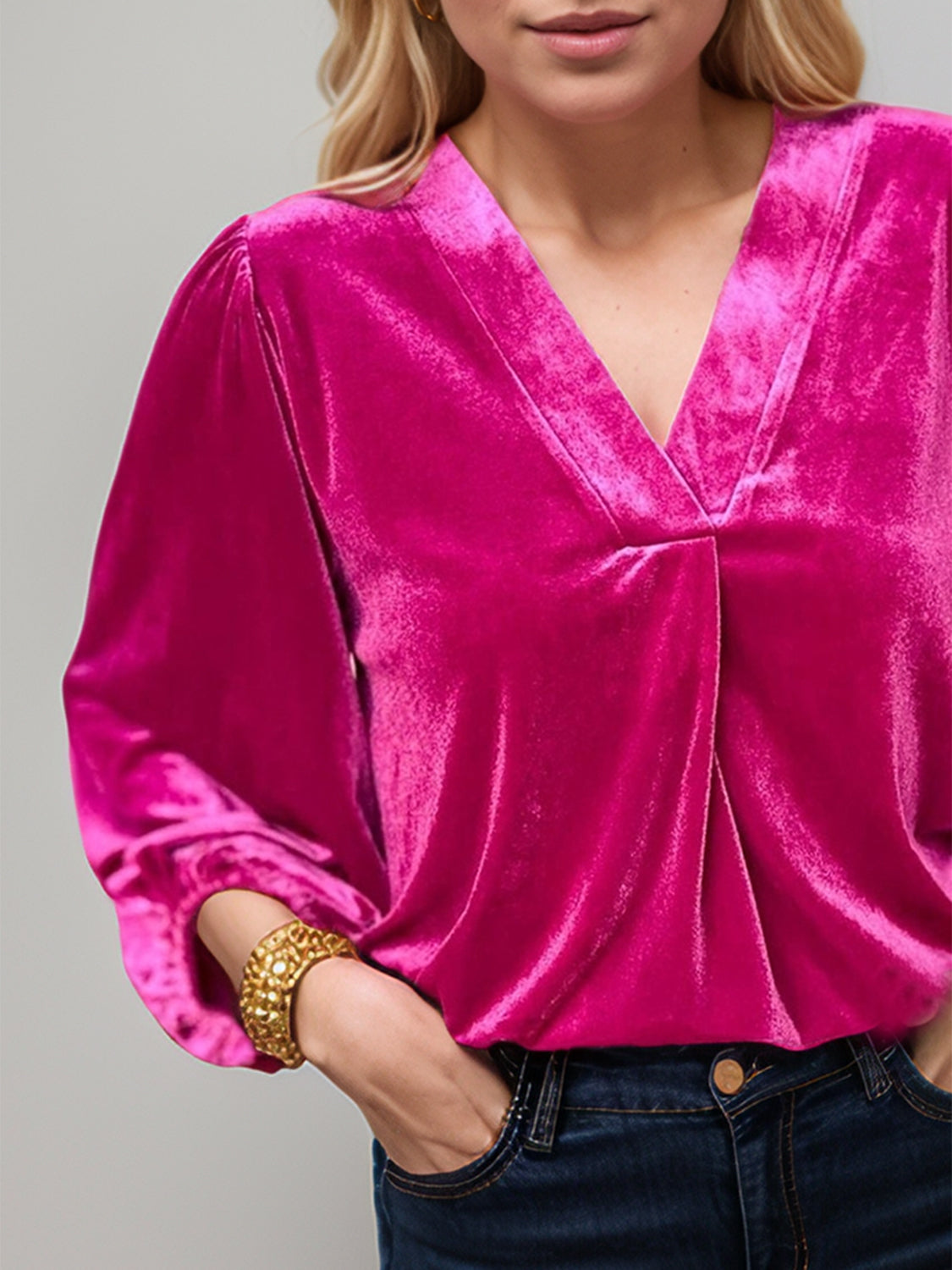 V-Neck Three-Quarter Sleeve Blouse In Multi Colors