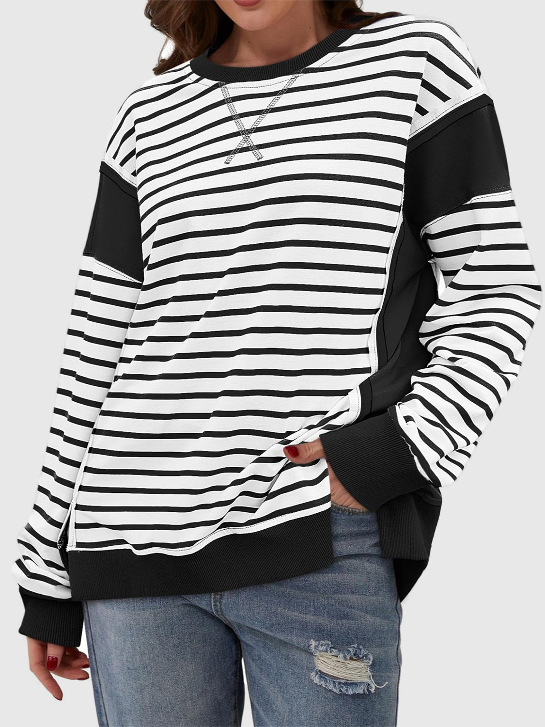 Clara Slit Exposed Seam Striped Sweatshirt In Multi Colors