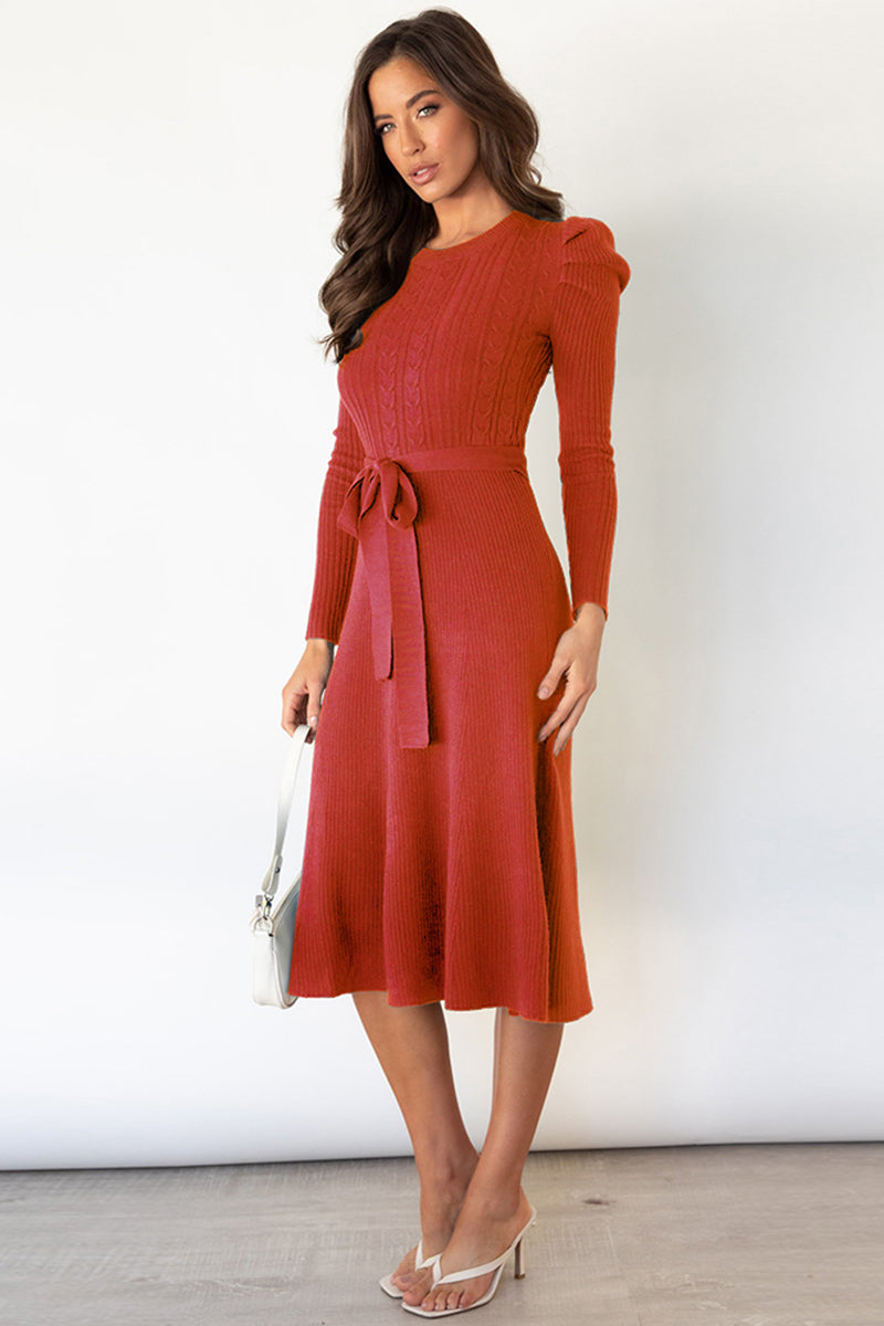 Round Neck Long Sleeve Tie Waist Sweater Dress In Multi Colors