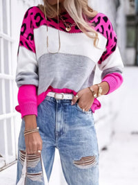 Leopard Color Block Round Neck Long Sleeve Sweater In Multi Colors