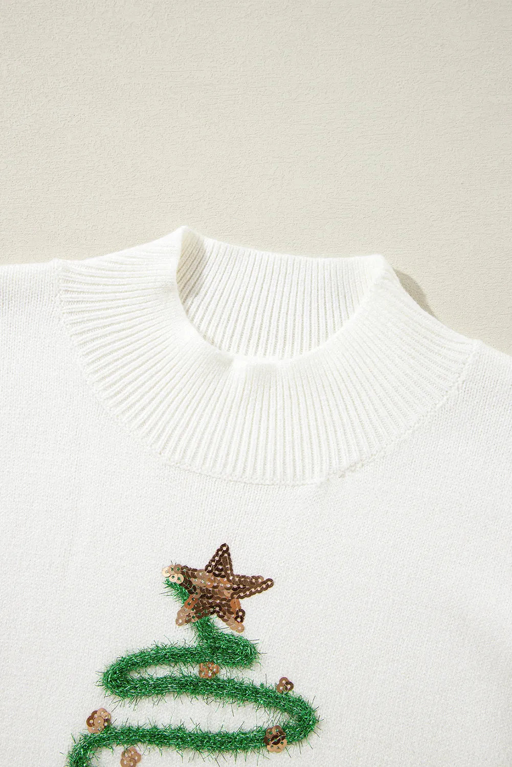 Christmas Tree Sequin Mock Neck Short Sleeve Sweater