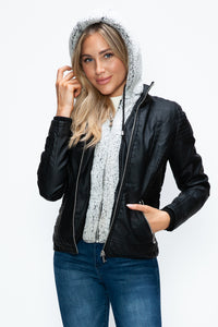 Faux Layered Double-Zipper Jacket with Fuzzy Hood In Black