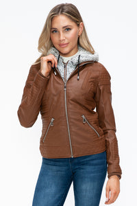 Faux Layered Double-Zipper Jacket with Fuzzy Hood