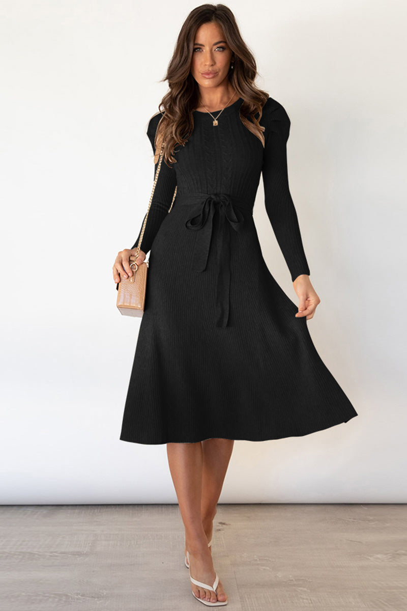 Round Neck Long Sleeve Tie Waist Sweater Dress In Multi Colors