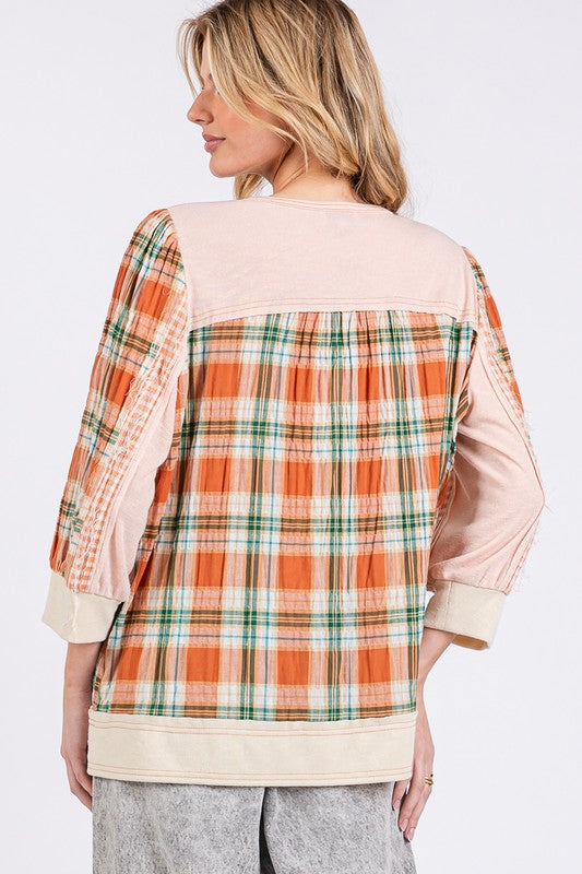 Exposed Seam Button Detail Plaid Top