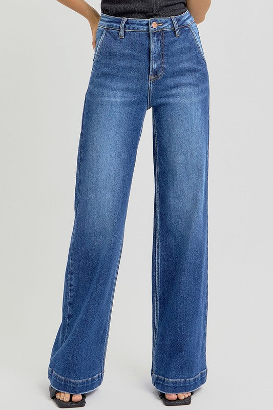 High Rise Wide Leg Jeans with Slanted Pockets