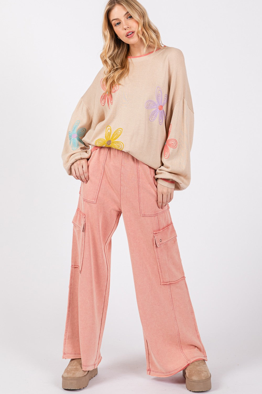 Ava Rose Knit Terry Mineral Wash Wide Leg Pants