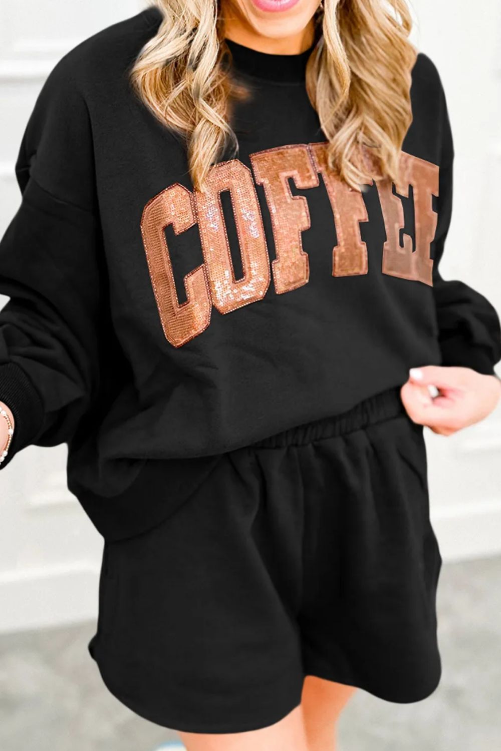 Coffee Sequin Top and Shorts Set In Multi Colors