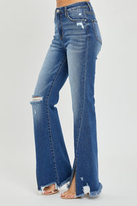 Callie High Rise Front Slit Frayed Hem Flare Jeans