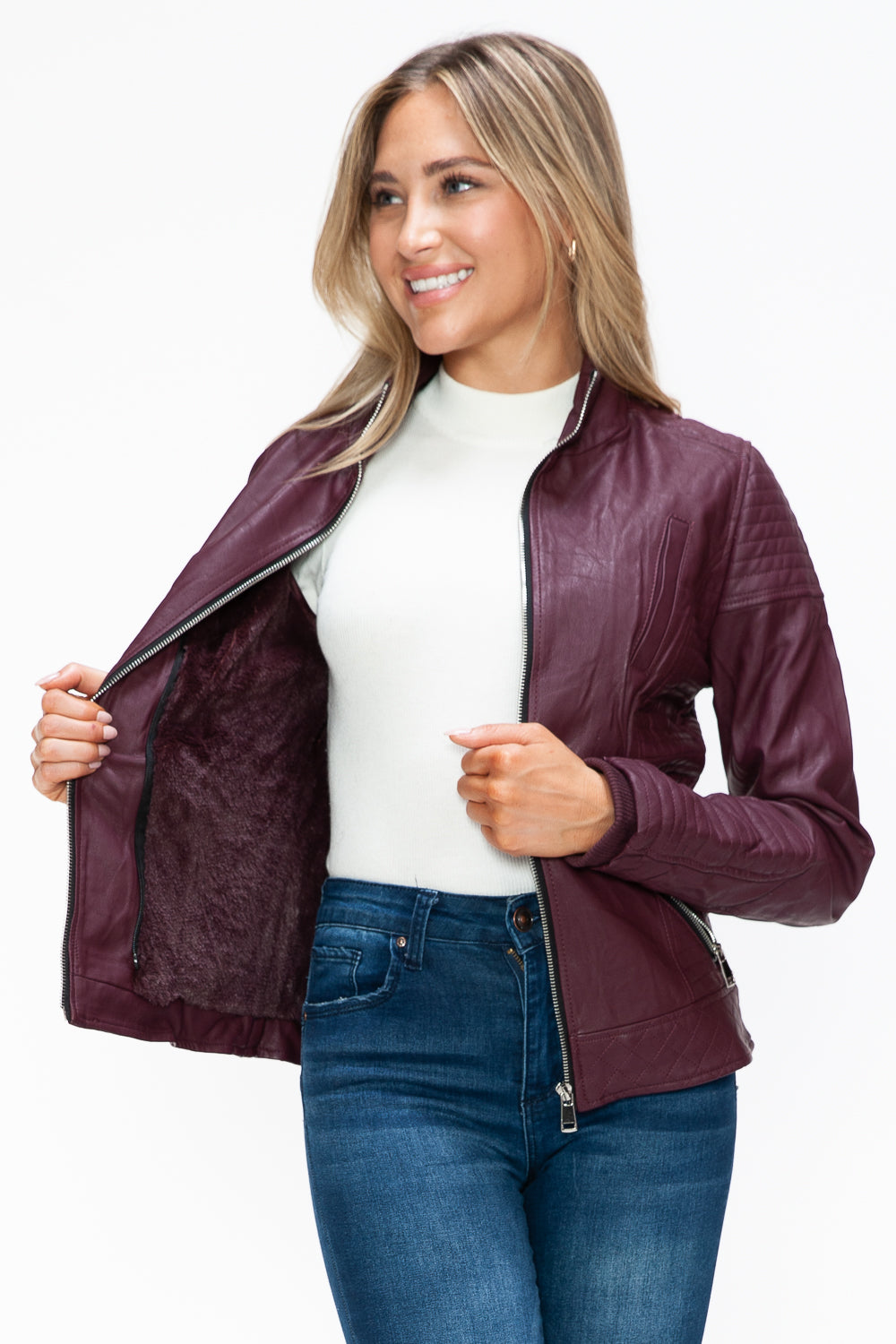 Faux Layered Double-Zipper Jacket with Fuzzy Hood In Wine