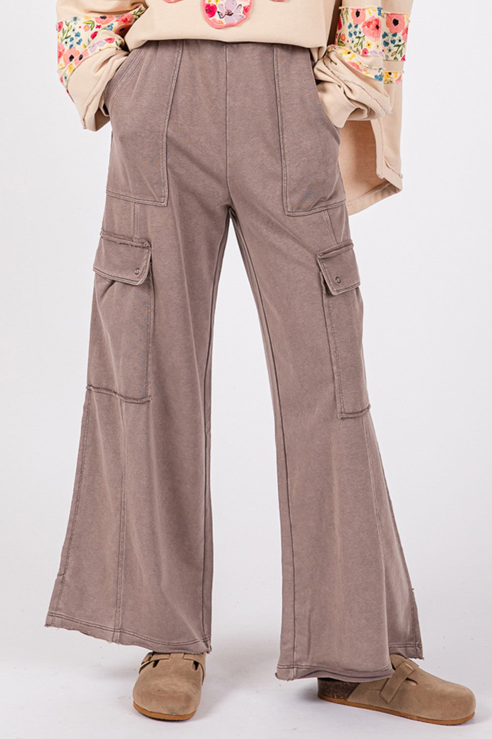 Ava Charcoal Knit Terry Mineral Wash Wide Leg Pants