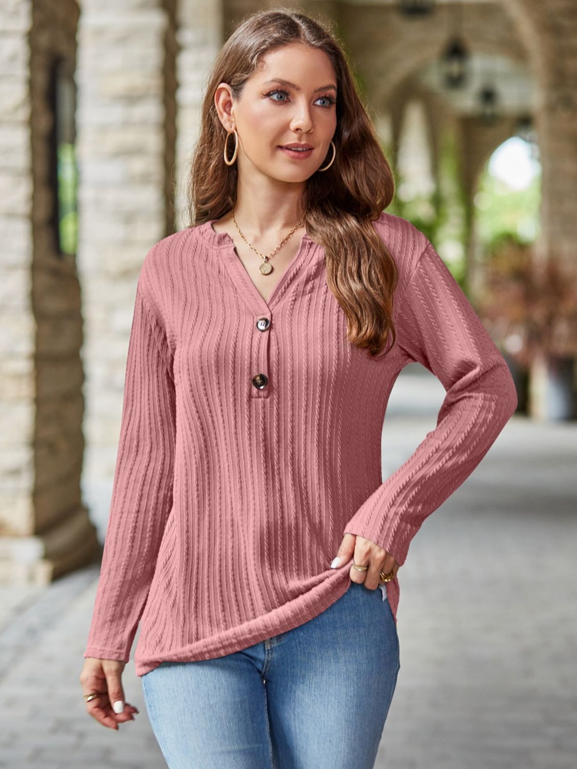 Delaney Notched Long Sleeve Top In Multi Colors