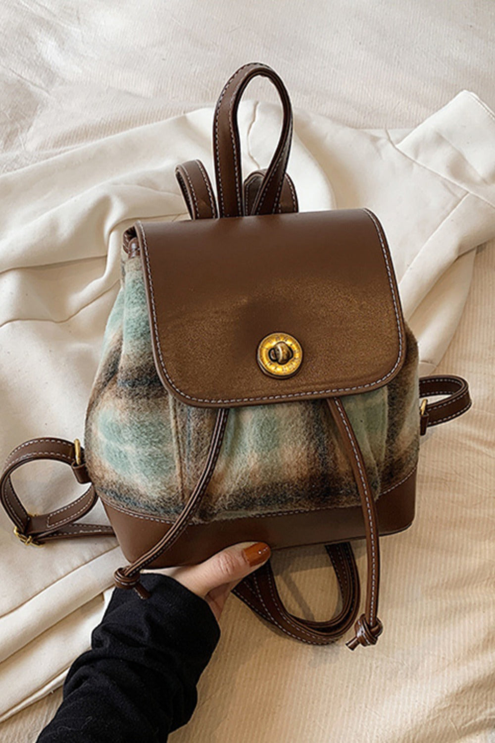 Freya PU Leather Drawstring Plaid Backpack Bag