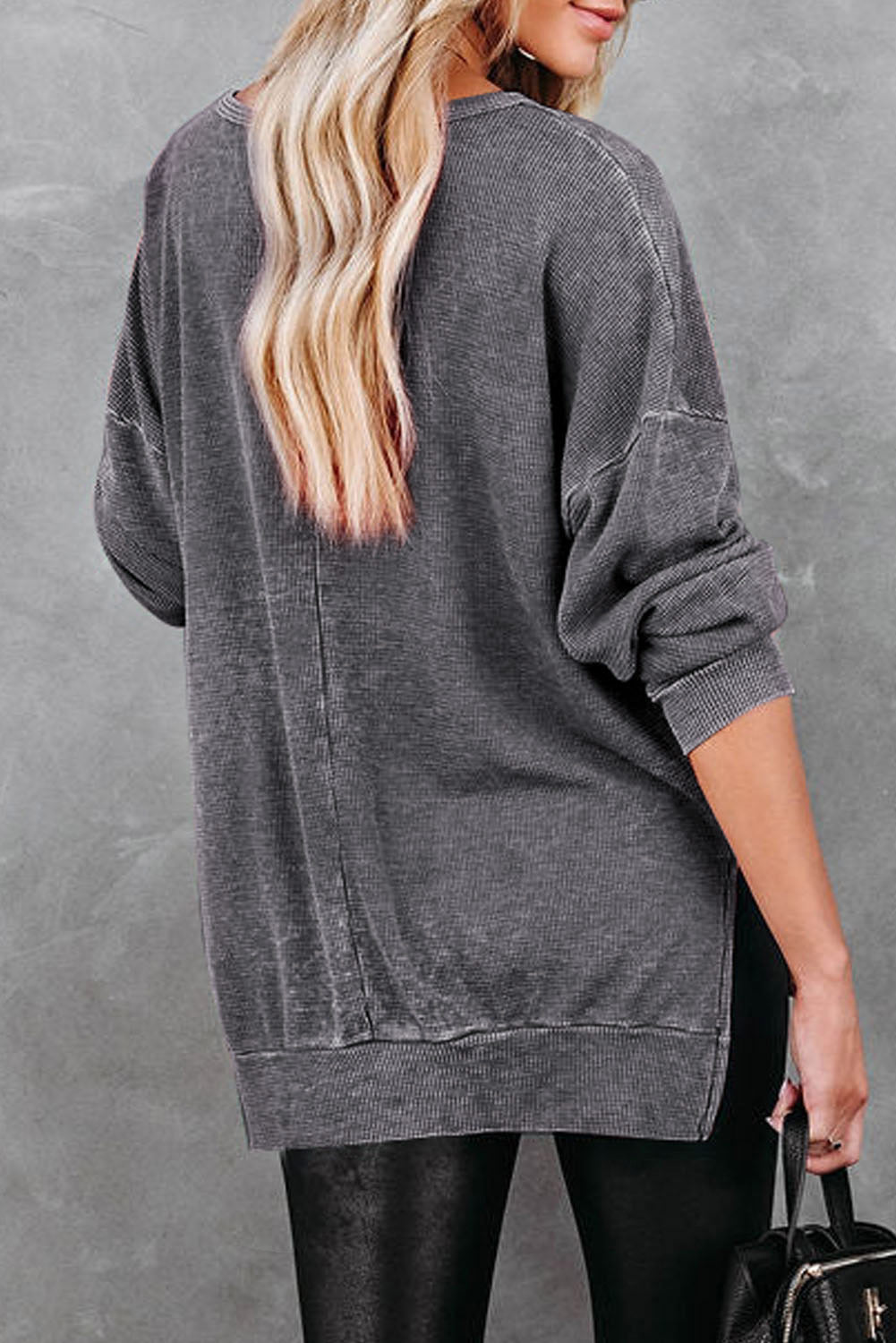 Waffle Knit Side Slit Drop Shoulder Sweatshirt In Two Colors