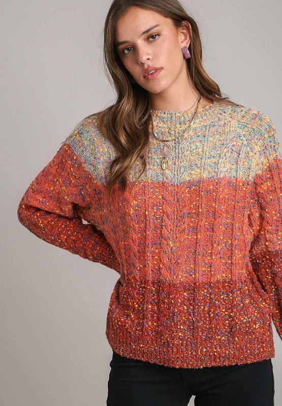 Adalynn Cable-Knit Color Block Round Neck Long Sleeve Sweater