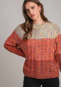 Adalynn Cable-Knit Color Block Round Neck Long Sleeve Sweater