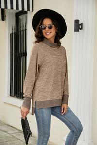 Heathered Slit High-Low Long Sleeve Top In multi Colors