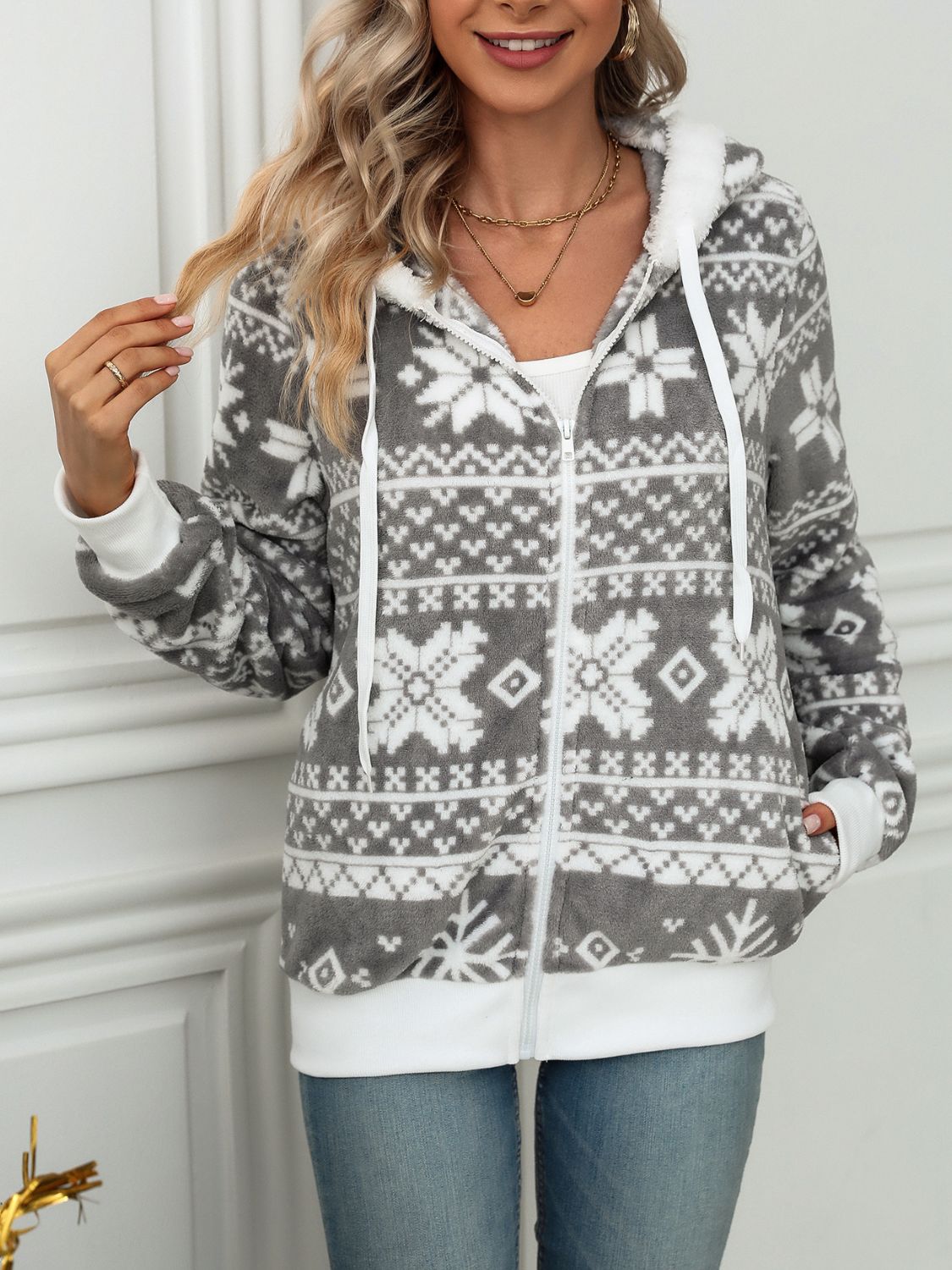 Drawstring Snowflake Zip Up Hooded Outerwear