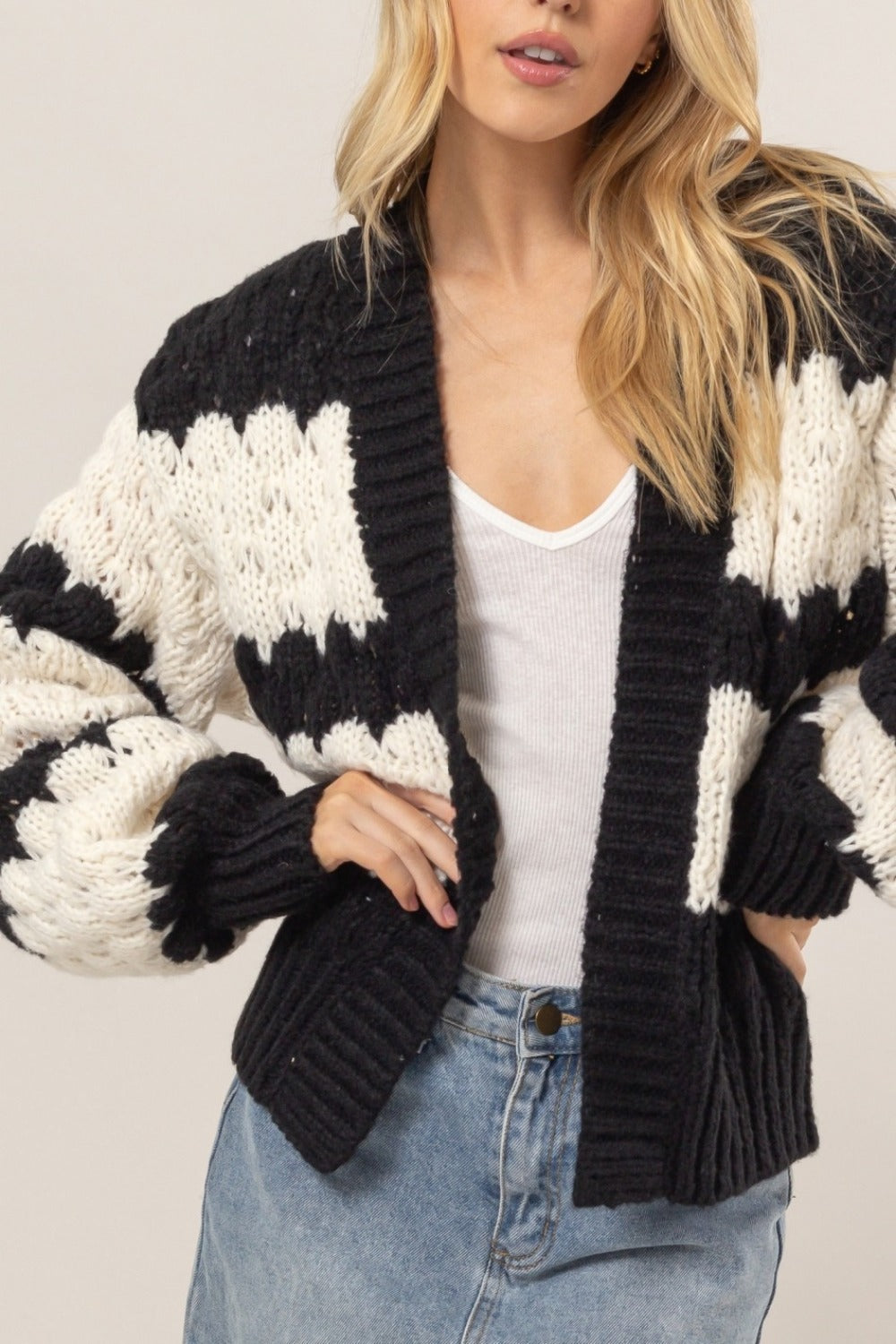 Nova Scallop Striped Open Front Sweater Cardigan