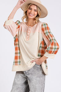 Exposed Seam Button Detail Plaid Top