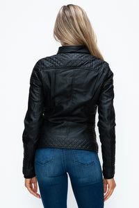 Faux Layered Double-Zipper Jacket with Fuzzy Hood In Black