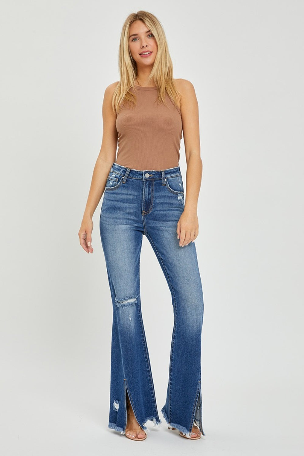 Callie High Rise Front Slit Frayed Hem Flare Jeans