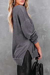 Waffle Knit Side Slit Drop Shoulder Sweatshirt In Two Colors