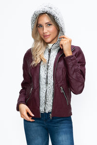 Faux Layered Double-Zipper Jacket with Fuzzy Hood In Wine