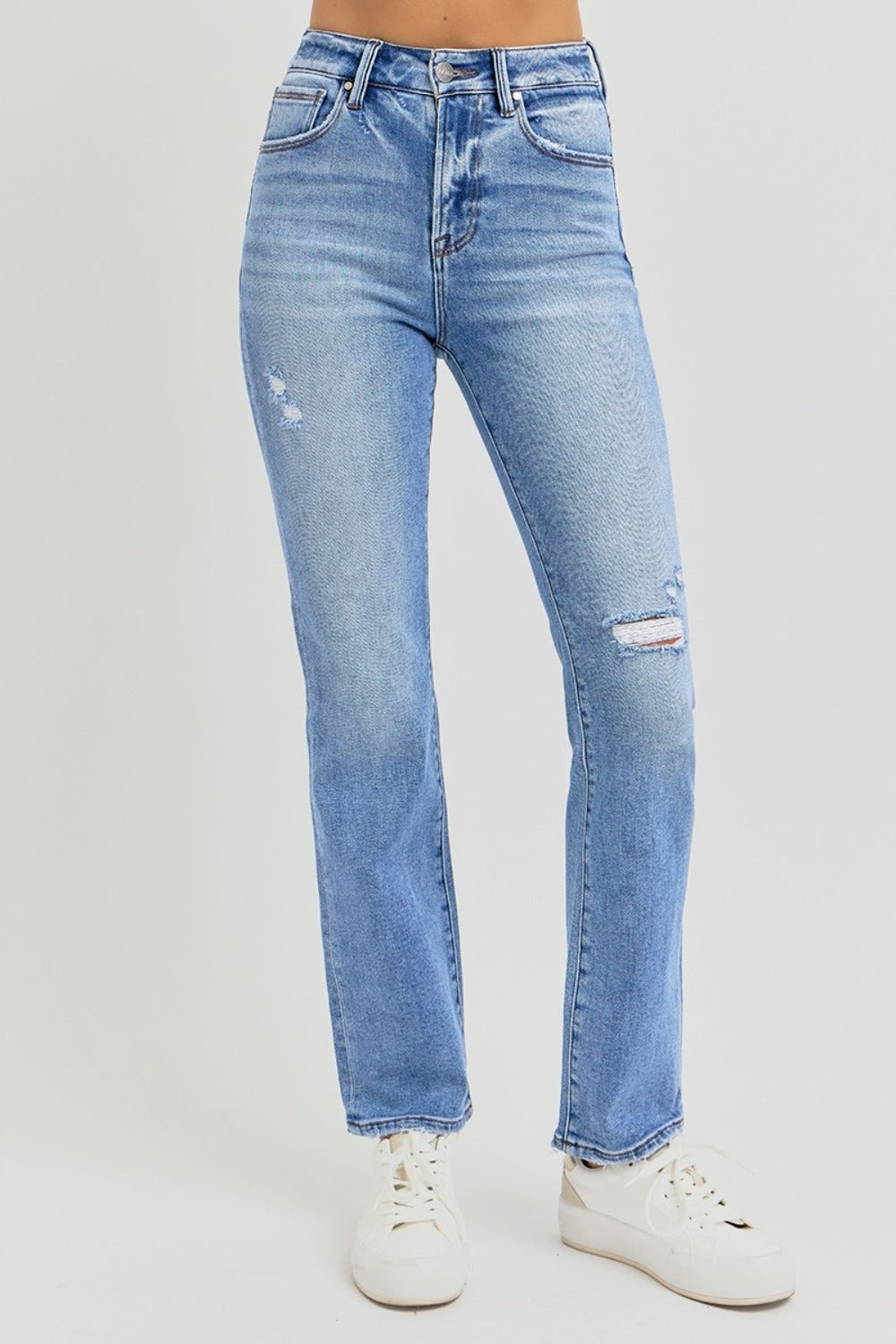 Lia Distressed High-Rise Ankle Straight Jeans