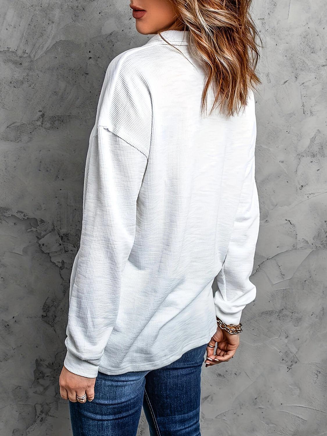 Half Button Collared Neck Drop Shoulder Top