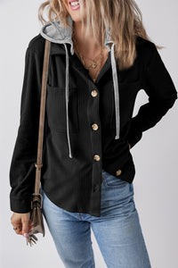 Drawstring Button Up Long Sleeve Hooded Jacket In Multi Colors