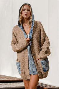 Peyton Hooded Denim Spliced Sweater Cardigan In Multi Colors