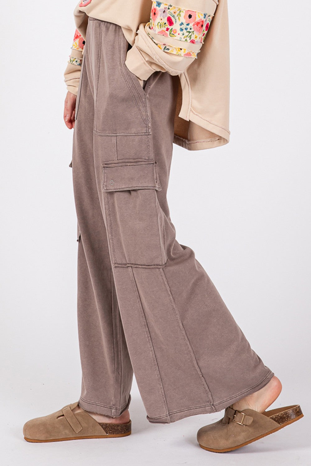 Ava Charcoal Knit Terry Mineral Wash Wide Leg Pants