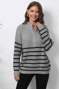 Mock Neck Long Sleeve Zip-Up Sweater In Multi Colors