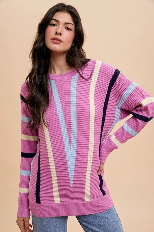 Chevron Stripe Round Neck Ribbed Sweater