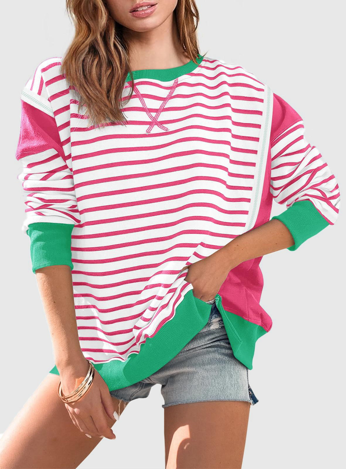 Clara Slit Exposed Seam Striped Sweatshirt In Multi Colors