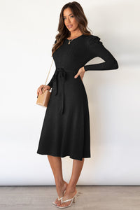 Round Neck Long Sleeve Tie Waist Sweater Dress In Multi Colors