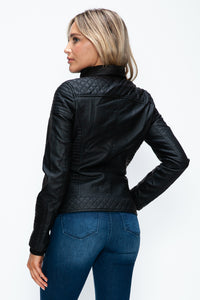 Faux Layered Double-Zipper Jacket with Fuzzy Hood In Black