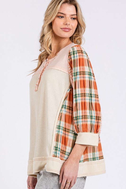 Exposed Seam Button Detail Plaid Top