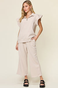 Texture Ruffle Top and Wide Leg Pants Set In Multi Colors