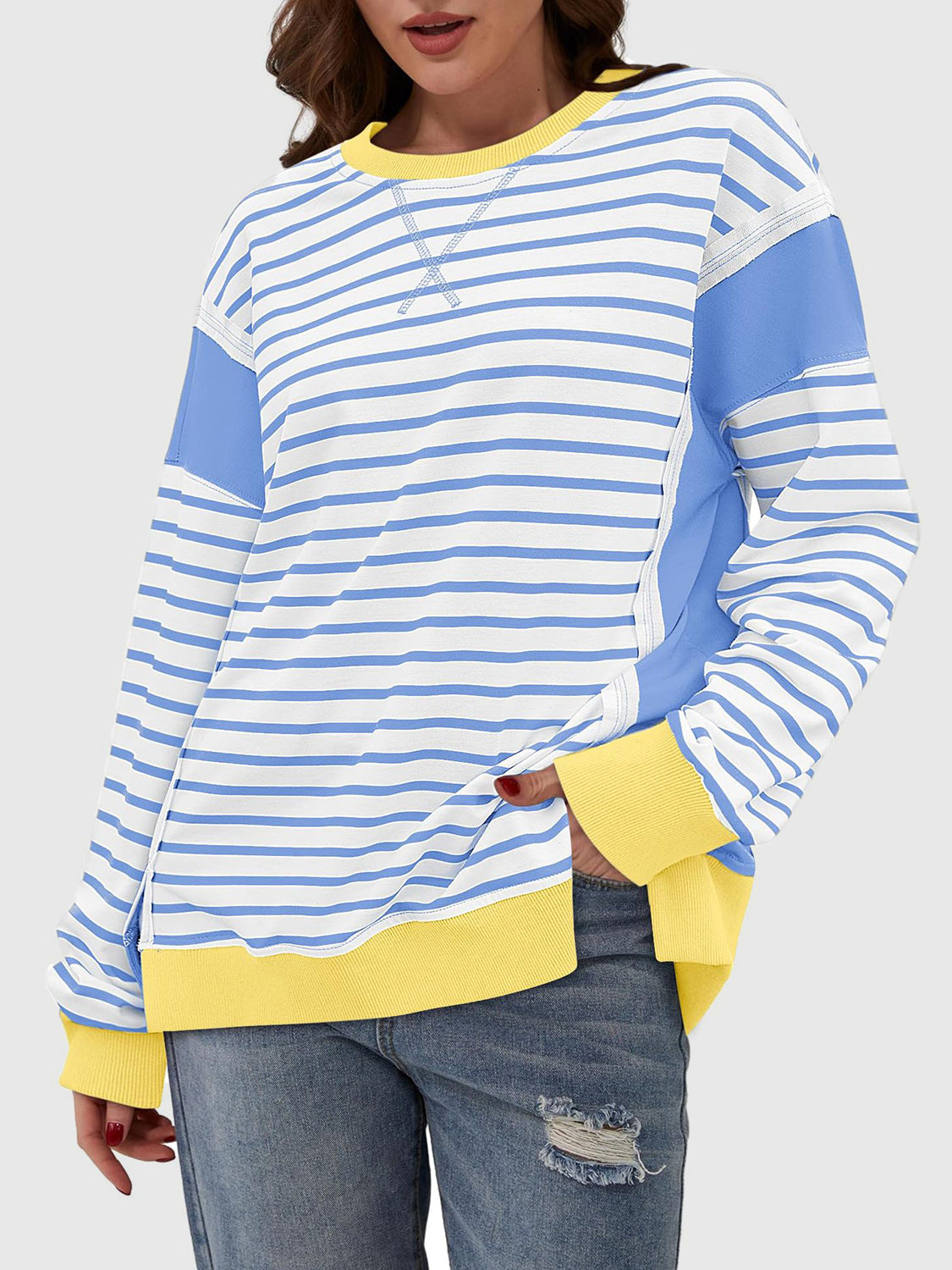 Clara Slit Exposed Seam Striped Sweatshirt In Multi Colors