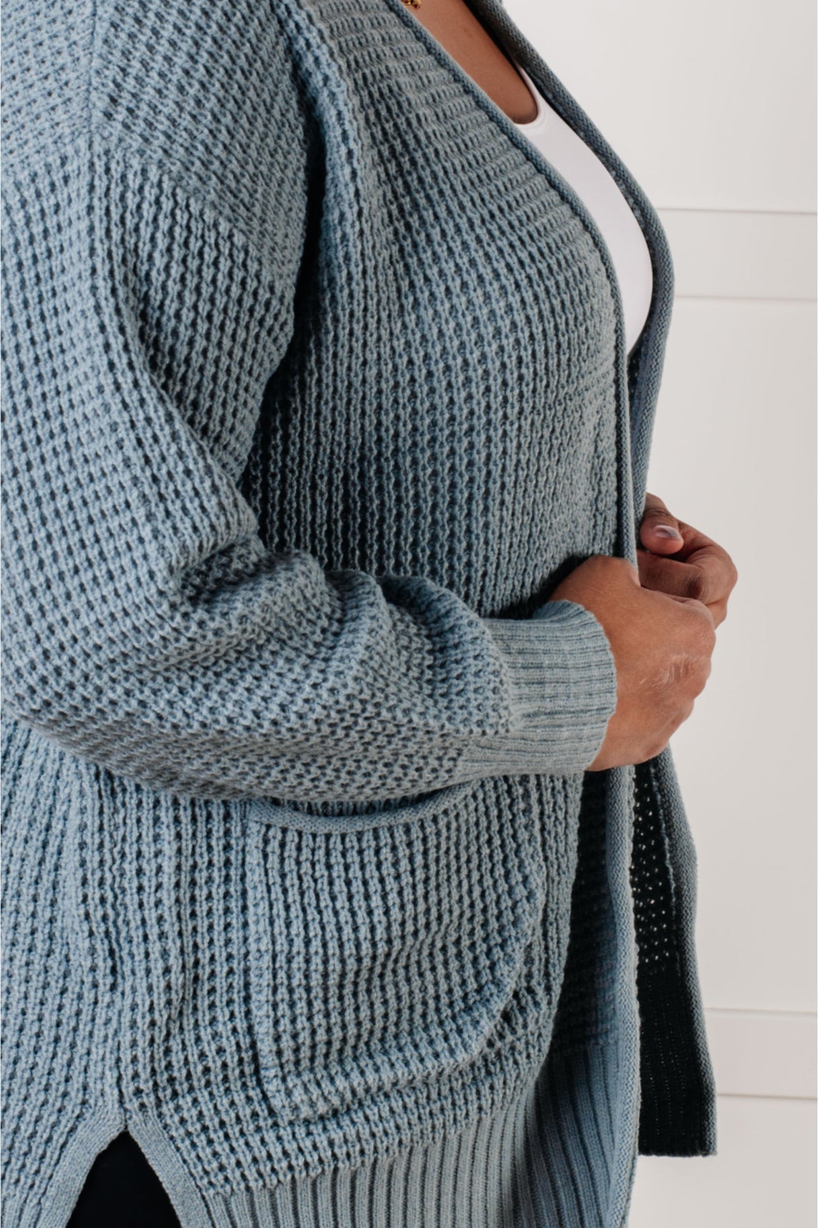 Everything Layer Waffle Knit Open Front Cardigan in Blue Grey